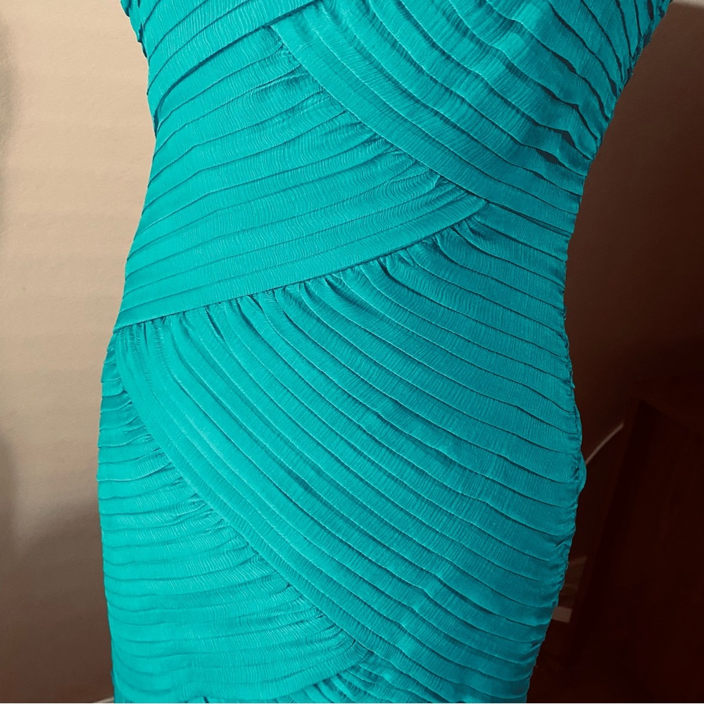 Tadashi Shoji Teal Silk Off Shoulder Cocktail Dress Sz 2 Pleated Bodycon Sheath - Picture 5 of 15